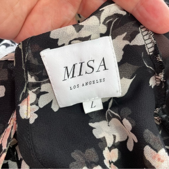 {MISA} Kateri Asymmetrical Black Floral Ruffle Tier Chiffon Maxi Dress, Size L - Picture 9 of 11